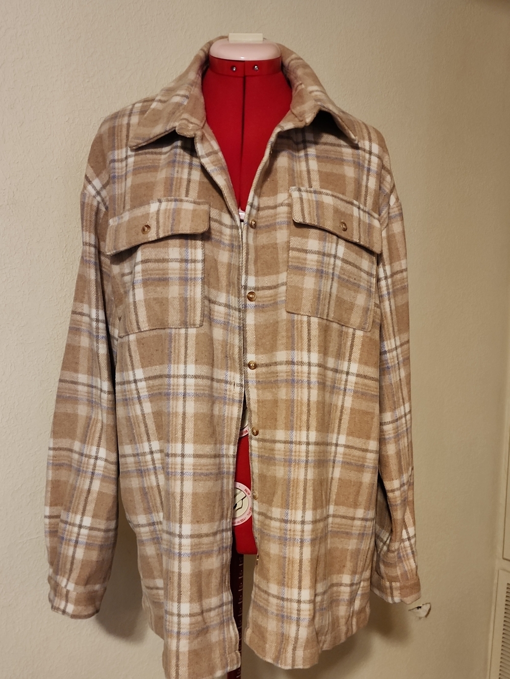 NWOT Princess Polly Tan Plaid Oversized Flannel Shacket Shirt Jacket Size 10